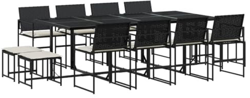 vidaXL Garten Essgruppe 13-TLG., Gartenmöbel Set mit Kissen, Gartengarnitur Tisch 8 Stühle 4 Hocker, Sitzgruppe Sitzgarnitur, Schwarz Poly Rattan