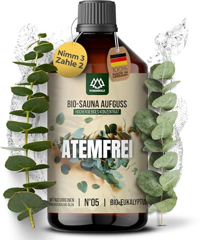 NORDHOLZ® Saunaaufguss BIO [NATURREINE ÄTHERISCHE BIO-ÖLE] Sauna Aufgussmittel #5 Atemfrei 250ml Eukalyptus - Sauna Aufguss aus Franken - Saunaöl