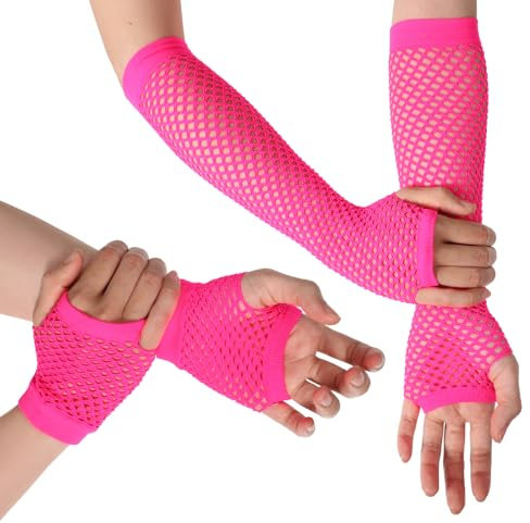 Giantree Lot de 2 paires de mitaines en résille noir/vert fluo/rose fluo pour femme, gants en résille des années 80, manches de bras pour Halloween, fête à thème, cosplay, Rose fluo rouge, Short: