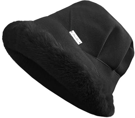 NLAND Damen Winter Fischerhüte Pelzig Fischerhut Elegant Winddichte Wintermütze Kunstpelz Flauschige Cloche Bucket Hat(Schwarz)