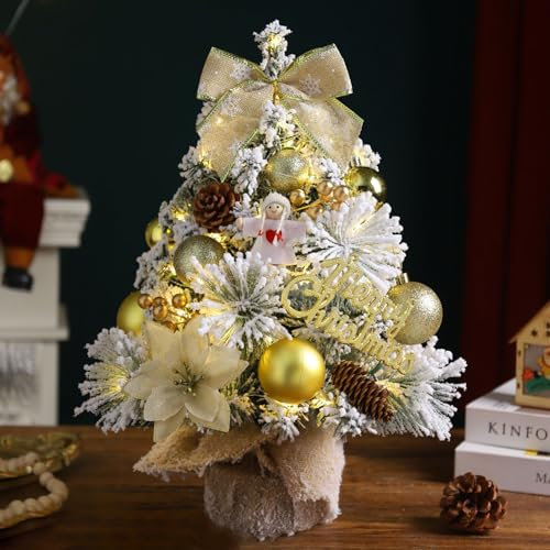 Árbol de Navidad de mesa con luces LED, mini árbol de Navidad artificial pequeño flocado, conos de pino, bolas de tela para decoraciones de Navidad, funciona con pilas (dorado, 45 cm)