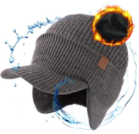 TOP-EX Winter Herren und Damen Merinowolle Strickmütze mit Ohrenklappen und Fleece, wasserdicht und warm, ideal für Snowboard und Ski, Grau M/L