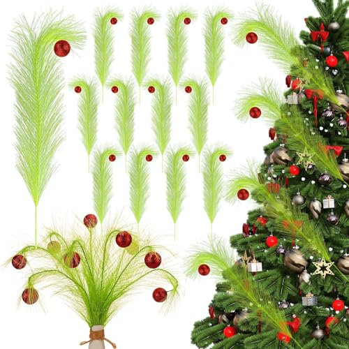 ZhowHoHo 16 Stück Weihnachtsdekorationen, grünes Pampasgras-Dekor mit roter Weihnachtskugel, grüner, gelockter Weihnachtsbaum-Picker, Elfenornamente, Stiele für Weihnachtsbaumspitze, Heimbüro, Kranz,