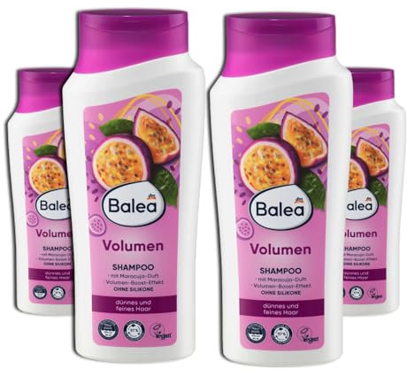 Balea 5er Set: 4 x Shampoo Volumen, 4 x 300 ml Der Aufbaukomplex mit Vitamin B3 und Provitamin B5 – 1 x Topfpflanze künstlich