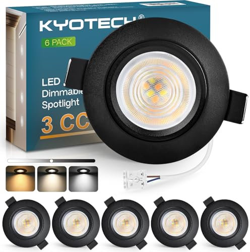 KYOTECH LED Einbaustrahler 230V Dimmbar 60-70mm, 5W LED Spot Ultra Flach 550LM, 3000K/4000K/6500K Deckenspots, IP44 Einbauleuchten für Badezimmer Wohnzimmer, Schwarz 6er Set (Nicht Drehbar)