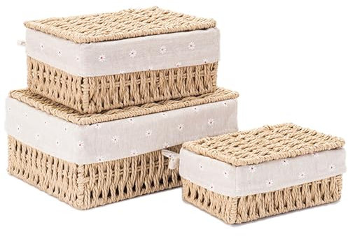 Kongming Aufbewahrungsbox mit Deckel & Futter 3 Stück Aufbewahrungskorb aus Papierseil Boho-Decor Korb Geflochten Badezimmer Organizer Boxen Aufbewahrung für Küche Bad Schlafzimmer Balkon