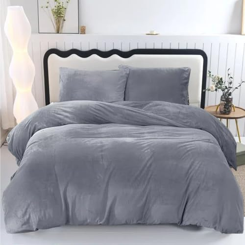 ZIYA HOMES Velvet Duvet Cover Set Super King - 3 Piece Luxury Crushed Velvet Bedding, Soft Plush Warm Quilt Cover with Pillowcases, Grey