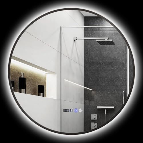 HOMCOM Badezimmerspiegel mit Beleuchtung Ø 70 cm, runder LED-Wandspiegel mit Hintergrundbeleuchtung, dimmbar, Antibeschlagfunktion, Touch-Schalter, Zeit- und Temperaturanzeige, schwarz