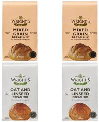 Wright's Mixed Grain 2X500g & Oat Linseed 2X500g Selection Bread Mix Pack | Healthy High Fibre Whole Grain Seeds & Oats | Easy to Bake Bread Machine & Hand Baking | No Artificial Preservatives (NP)