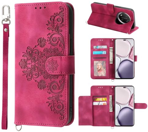 Auslbin Fundas Telefónico para Honor Magic 7 Lite 5G Movil Protectora con 5 Ranuras para Tarjetas Vintage Flower PU Leather Mobile Willet, Rojo