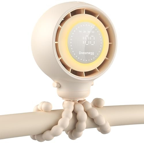 Dreamegg Ventilateur Portable pour Poussette Bebe, Affichage LED Intelligent, Ventilateur à Pince Détachable à 360°, 4 Vitesses de Vent, 2 Veilleuses, Ventilateur Sans Fil USB-C Rechargeable 4000mAh