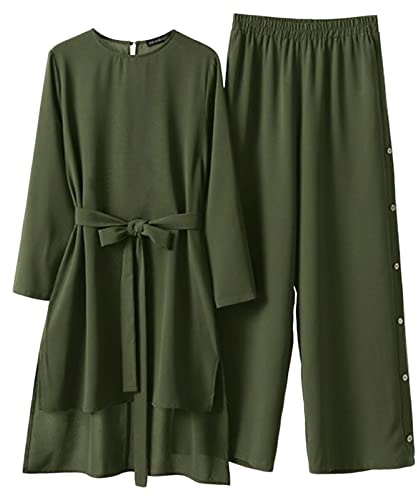 Amxleh Muslimische Kleider Damen 2 Teiler Langärmeliges Top + Lang Hose Ramadan Outfit Muslimisch Einfarbig Zweiteilige Sets Gebetskleidung Naher Osten Türkei Dubai Arabisch Abaya Anzug Gebet Outfits