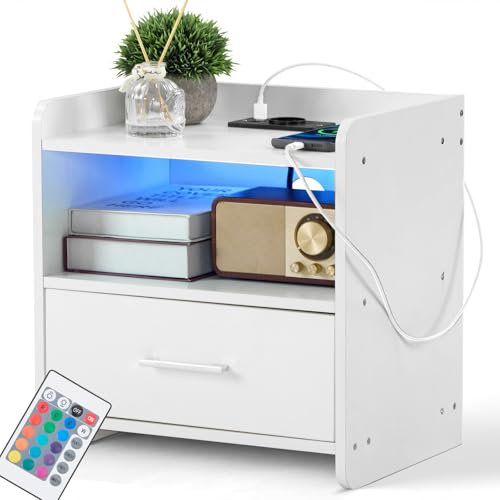 LEADZM Table de Chevet avec lumières LED avec Station de Charge et Ports USB,Table d'appoint, Commode de Nuit Convenant à Tous Les Lits et Chambres à Couche (1, Blanc)