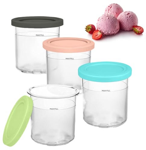 Container for Ice Maker, Pack of 4 Tubs Accessories, Ice Cream Container, Container for Ice Cream Maker with Lid, Cerioll Deluxe Cup, Leak-Proof, Compatible with Ninja Creami NC299AMZ NC300 Ice Cream