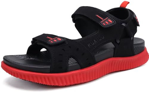 KuaiLu Mens Leather Hiking Sandals with Arch Support Orthopedic Sport Recovery Athletic Walking Sandals For Man Outdoor Summer Casual Thick Cushion Beach Water Fisherman Sandal, size 8.5 Black Red