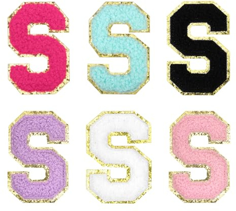 sourcing map Chenille Letter Patches 3.3 Alphabet S Iron on Embroidered Patch Sew on Letter Stickers Applique for Repairing Clothing Jeans Shoes Hats DIY(Multicolored, Pack of 6)