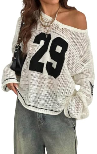 Generisch Tshirt Damen Sommer Oversized Jersey Tops Schulterfrei Shirts | Schulterfreies Oberteil für Damen, V-Ausschnitt, 29 Nummer Grafik T-Shirt, Y2k, E-Girl, Ausgehen Jersey Tops