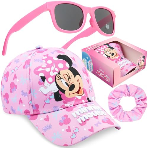 Get Trend Disney Minnie Mouse Girls Baseball Cap, UV Protection Sunglasses & Soft Scrunchies, 3 Pc Set Adjustable Snapback (Pink Minnie)