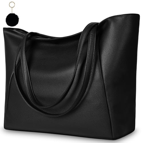 URAQT Damen Handtasche Schwarz, EXTRA GROSS 35x36cm Handtaschen für Damen PU Leder mit Plüsch Schlüsselring, Tote Shopper Bag mit Reißverschluss & Tasche, 10L Schultertasche für Einkaufen Schule Reise