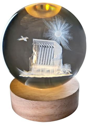 Pfrontenschmuck Gravierte Glaskugel Motiv: Strandkorb mit elektrischer Beleuchtung Durchmesser 8cm Hologrammkugel