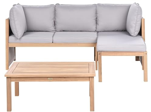Beliani Lounge Set zertifiziertes Akazienholz Hellbraun 3-Sitzer Ecksofa mit Couchtisch u. Auflagen grau Arabba