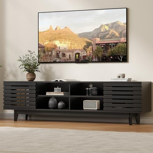 Gyfimoie Black TV Stand Cabinet,165cm TV Cabinet with Storage, 6 Open Shelves & 2 Sliding Doors, TV Unit Console Table, Media Entertainment Center for Living Room and Bedroom