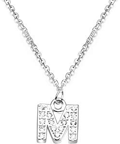 bifriend S925 Silver 26 Initial English Letter Crystal Chain Necklace For Women Girl Best Gift (M)