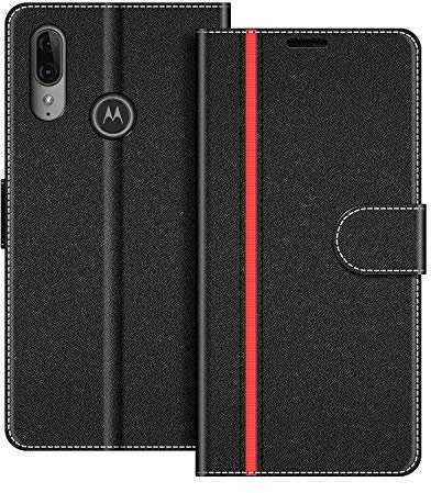 COODIO Custodia in Pelle per Motorola Moto E6 Plus, Cover a Libro Magnetica Portafoglio per Motorola Moto E6 Plus, Nero/Rosso