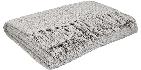 HOMLA VAFFEL Fransendecke Plaid Fleecedecke Kuscheldecke Tagesdecke Sofadecke Couchdecke hellgrau 130x170 cm