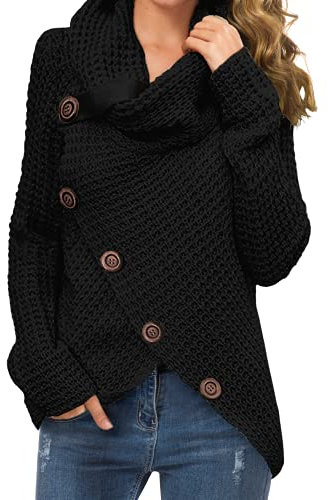 GRECERELLE Women's Winter Jumpers Knit Warm Turtle Neck Wrap Asymmetric Hem Jumper Sweater Tops with Button for Ladies (Black, M)
