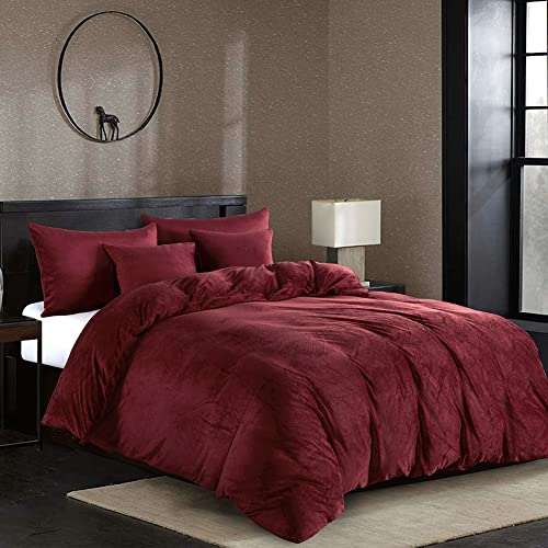 Omela Warm Fleece Winter Bettwäsche 135x200 Burgunderrot Cashmere Touch Plüsch Bettbezug mit Kopfkissenbezug 80x80 cm 2 Teilig Flauschig Coral Fleece Microfaser Winterbettwäsche Set Reißverschluss
