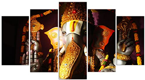 ZHONGYUTONG Hindu Gott Ganesha Leinwanddruck 5 Stück Elefant Ganesh Wandbild Indien Religion Lord Balaji Gemälde Poster Home Wohnzimmer Dekor (100x55cm, Kein Rahmen)