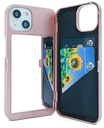 W7ETBEN Cover per iPhone 13/14 6,1 Pollici, Portafoglio con Kickstand Slot per Carte Specchio incorporato Shockproof Custodia per Compatibile con Apple iPhone 13 / iPhone 14 (Oro rosa)
