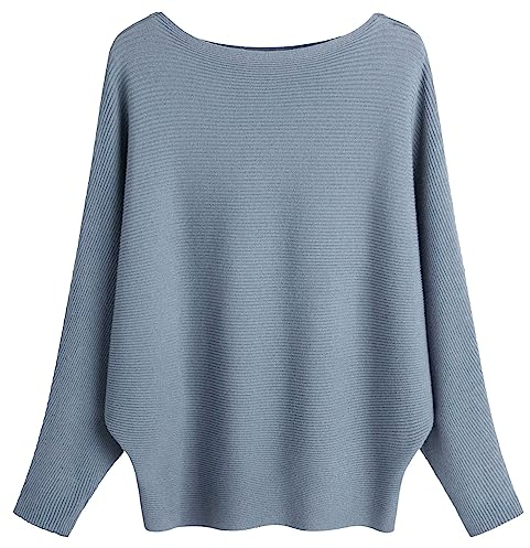 FULIER Boat Neck Batwing Sleeves Dolman Knitted Sweaters and Pullovers Tops for Women One Size (Denim Blue)