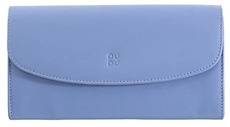 DUDU Große Damengeldbörse aus farbigem Leder, Kontinentale Brieftasche, Kreditkartenfächer, Münzgeldbörse mit Reißverschluss Pastellblau