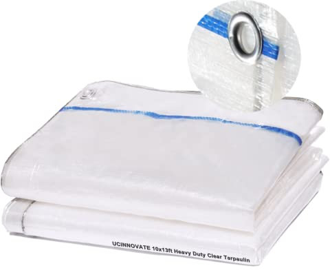 10 x 13 Ft Clear Tarpaulins Heavy Duty Waterproof, 14 mil Thick 3 x 4m Translucent Greenhouse Tarp with Grommets, Clear Plastic Tarpaulin Cover for Garden Patio Lawn Plants Boat or Pet Hutch Roof