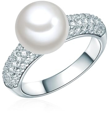 Lulu & Jane Damen-Ring aus Messing silber mit Muschelkernperle Rund 10 mm weiß und Zirkonia - Perlenring