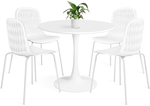 Mid Century Modernes rundes Esstisch-Set für 4 Personen mit Stühlen im Esszimmer, kleine Küche, Büro, Café, Restaurants