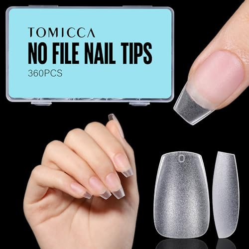 TOMICCA Short Coffin No File Nail Tips- Soft Gel Full Cover 360PCS Matte Clear False Acrylic Nail Gel Tips Kit for Soak Off Nail Extensions Kit, 15 Sizes