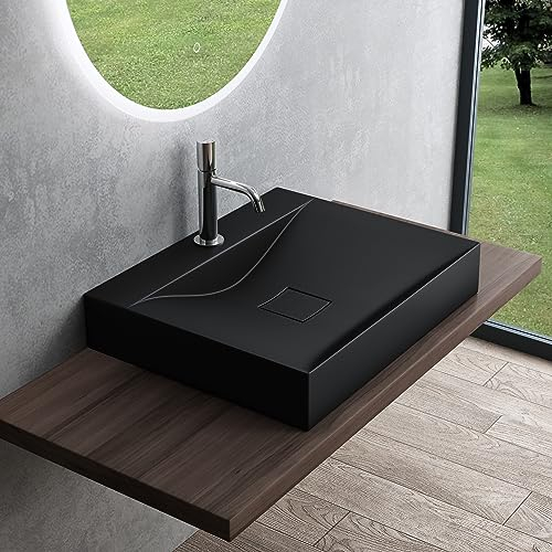Mai & Mai Lavabo sobre Encimera Lavabo Suspendido Baño Lavabo | Rectangular | Negro Mate | Mármol Fundido | 60x48x10cm | con Orificio para Grifo y Tapa de Desagüe sin Rebosadero | Colossum810