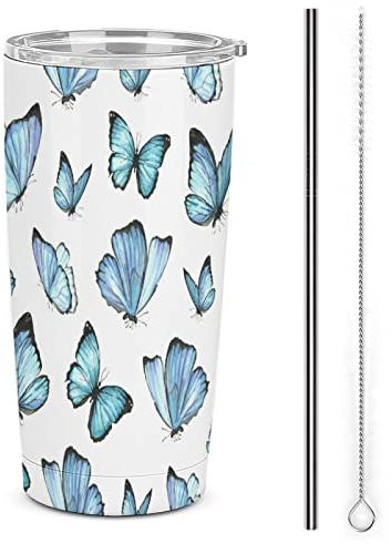 RFSHOP Blue Butterfly 590ml Travel Mug Thermal Stainless Steel with Lid Leakproof Coffee Cup for Outdoor Activities, Office Use
