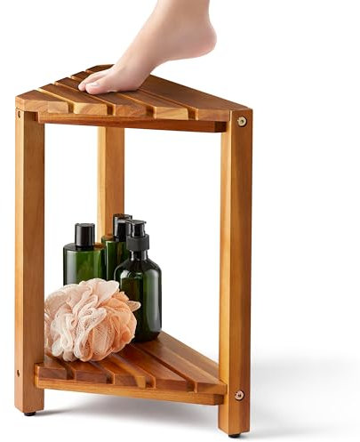 BLUEWEST Corner Shower Stool, Wooden Corner Shower Bench for Shaving Legs Inside Shower, Waterproof Shower Foot Rest with Storage Shelf, Shower Seats and Benches