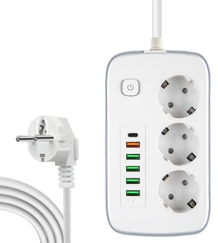 AEUZWR Mehrfachsteckdose, Steckdosenleiste mit USB, 3 Fach Steckerleiste mit 5 USB und 1 PD, Mehrfachsteckdose mit Schalter, Spannungsschutz 2m Kabel für Zuhause, Büro, Reise, Weiß