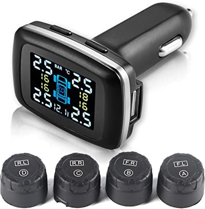Ejoyous TPMS Reifendruckkontrollsystem, 433 MHz Reifendrucksensoren Auto Reifendruck Kontrollsystem mit 4 Externen Sensoren, Reifendruck Autoalarmsyste Echtzeit Druck und Temperatur