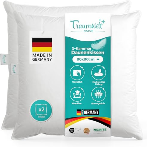 Traumwelt Natur Made in Germany 3-Kammer Daunen Kopfkissen 80x80 cm, weiß, Allergiker geeignet, Öko-Tex 100 Klasse 1 Zertifiziert, Downpass (2 Stück)