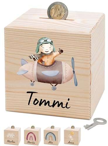 Bärenfreunde Personalisierte Kinderspardose, Spardose Junge, Mädchen | Holzspardose Kinder personalisiert, Taufgeschenke für Kind, Baby Geschenk Geburt, Holz Sparschwein mit Schlüssel