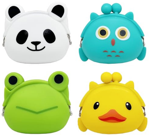 MIAO JIN Lot de 4 porte-monnaie vintage en silicone avec fermoir à fermoir Motif animal de dessin animé, Blanc, vert, bleu, jaune, Dessin animé