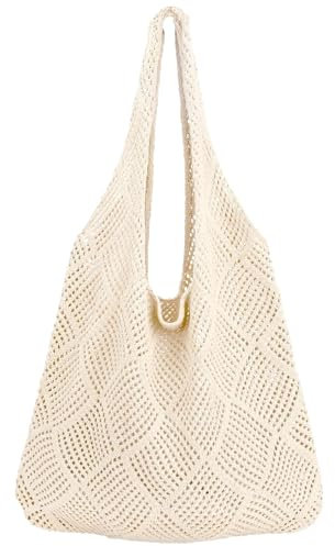 HEVIBK Strandtasche Damen Häkeltasche für den Sommer, Sommer Urlaub Ästhetische Strick Boho Umhängetasche für Frauen beige (Weiß)
