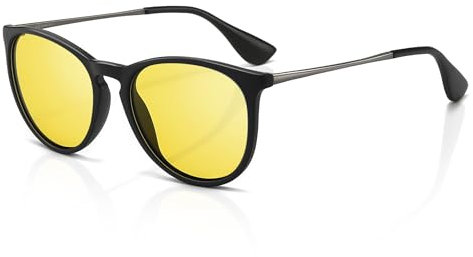 SUNGAIT Lunettes de soleil rondes vintage pour femme Style rétro classique Lunettes de soleil polarisées SGT567SHKYSEU, Cadre noir (finition mat)/lentille de nuit jaune, Taille unique