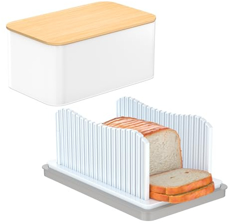 CAWIU Bread Cutter for Homemade Bread with Bread Box, Foldable Bread Cutter with Crumb Bowl, Adjustable Wide Bread Cutting Guide for Bread, Sandwiches, Bagels and Cakes
